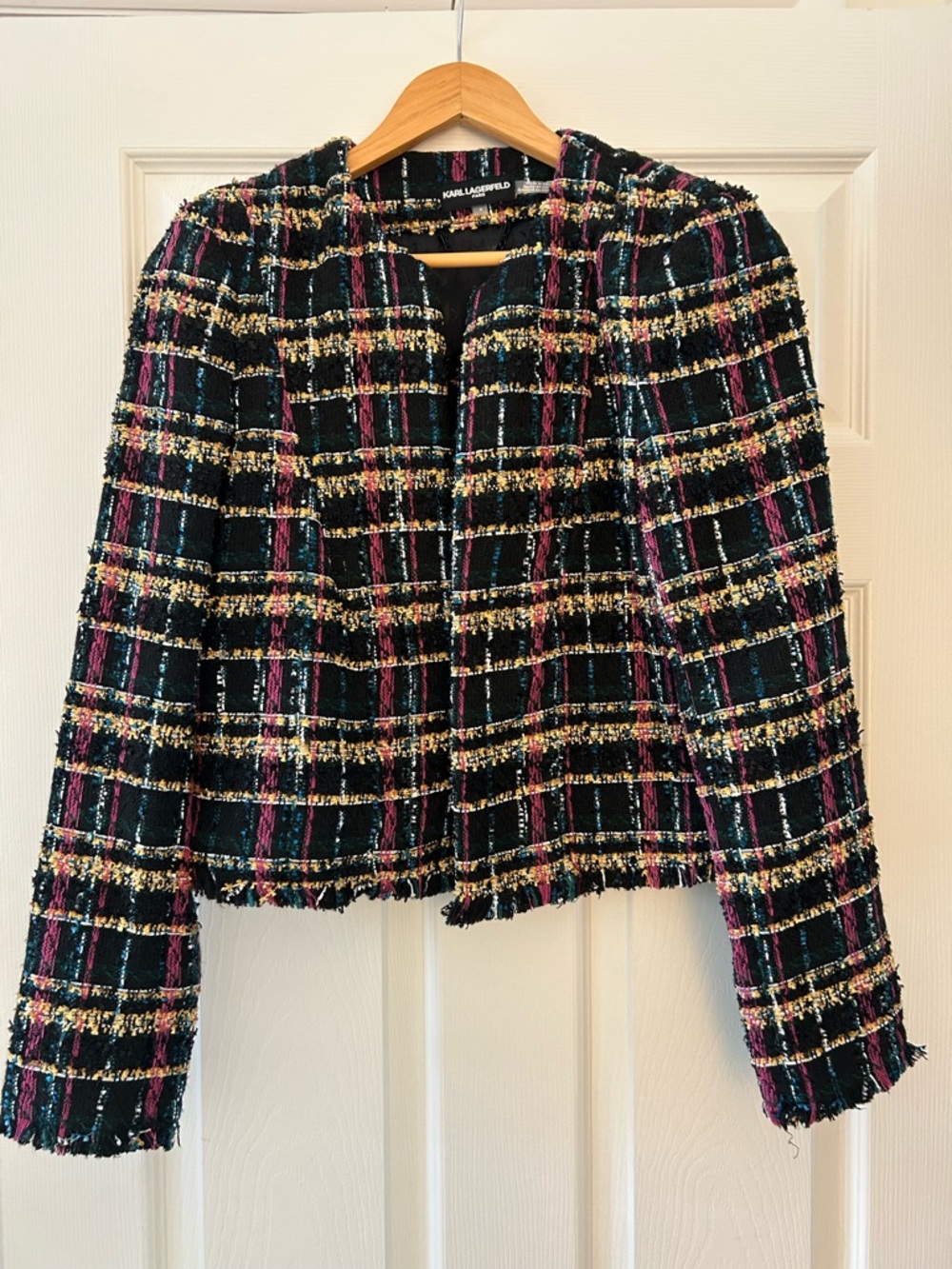 Karl Lagerfeld Black Tweed Plaid Fringe Blazer with Pink & Gold Accents